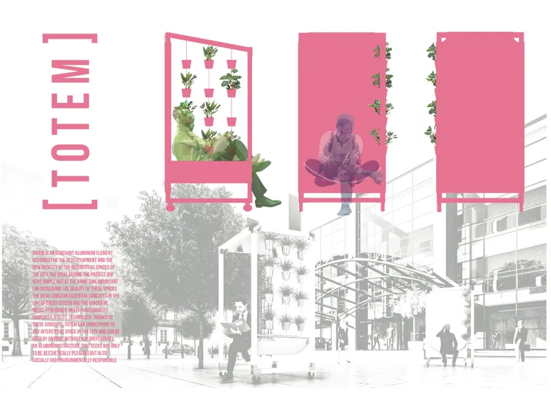Rendering of freestanding pink installation frames with suspended planters in a public plaza with pedestrians