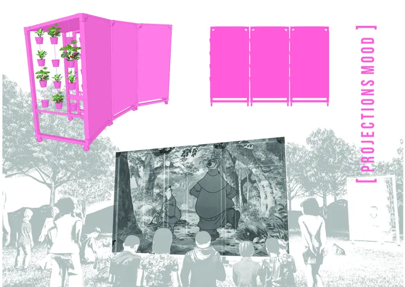 Rendering showing pink modular screens and outdoor projection wall with gathered audience beneath trees
