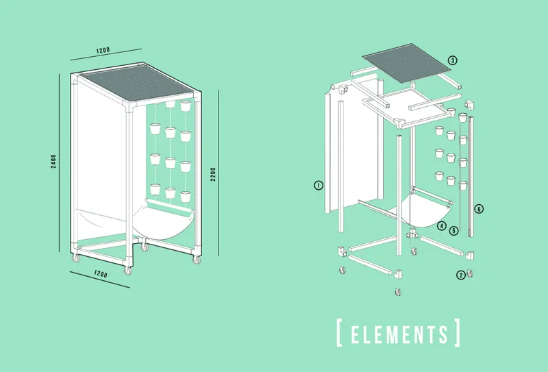 Isometric assembly drawing showing frame structure with hanging planters and component breakdown