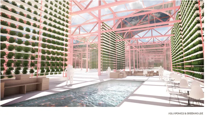 Interior view of the greenhouse with vertical hydroponic walls under pink steel trusses and glazed roof