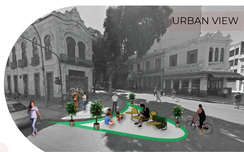 Rendering of street furniture with green surfacing and planters in a plaza between historic facades