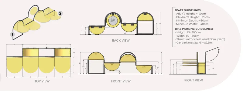 Elevation and plan drawings showing modular seating unit with curved yellow surfaces and bike parking