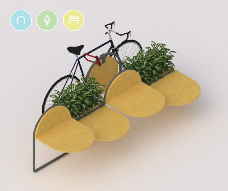 Isometric rendering of yellow lobed seating module with integrated planter and parked bicycle