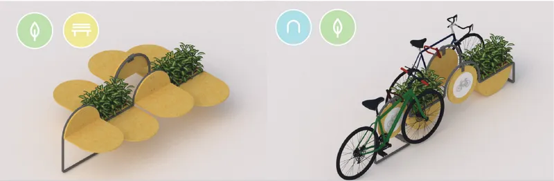 Two configurations of the modular unit showing planter insertion and bicycle parking arrangement