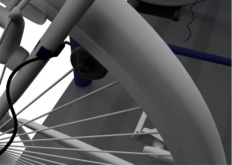 Angled view through bicycle frame showing spokes and blue accent components against white background