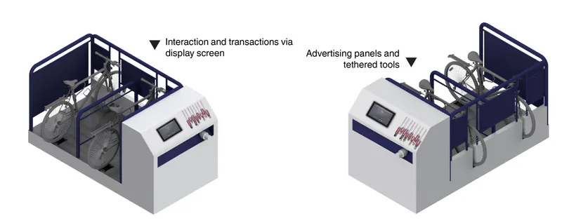 Isometric rendering of two bicycle parking kiosks with display screens and tool stations
