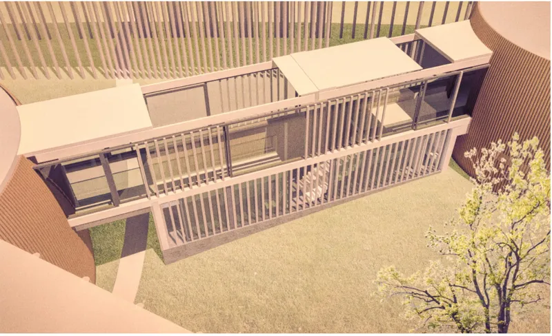 Aerial view of a physical model showing the vertical timber screen facade and courtyard with a small tree