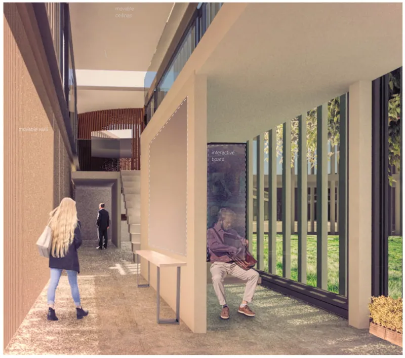 Interior rendering of a double-height lobby with terrazzo flooring and vertical window louvers framing greenery