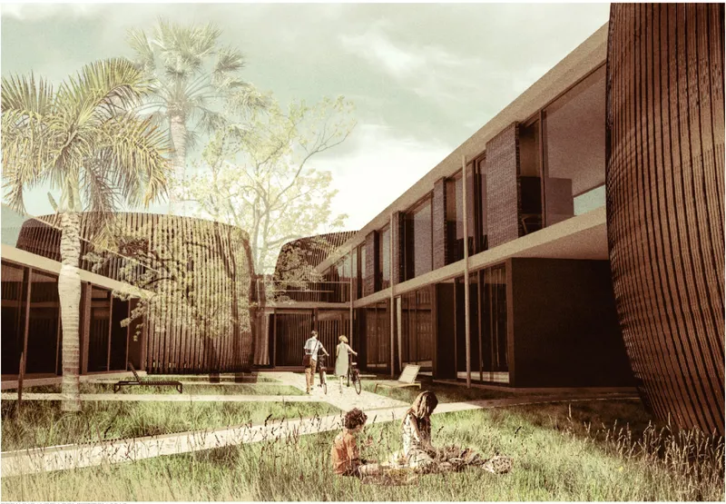 Courtyard view with children playing on the lawn between timber-clad volumes and palm trees overhead