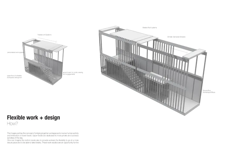 Axonometric drawing showing modular volumes with vertical screening elements and flexible interior partitions