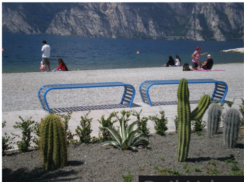 Blue tubular steel benches with slatted seating on a pebble beach beside cactus plantings