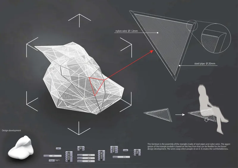 Presentation board showing triangulated pavilion assembly details with material specifications and seated figure for scale