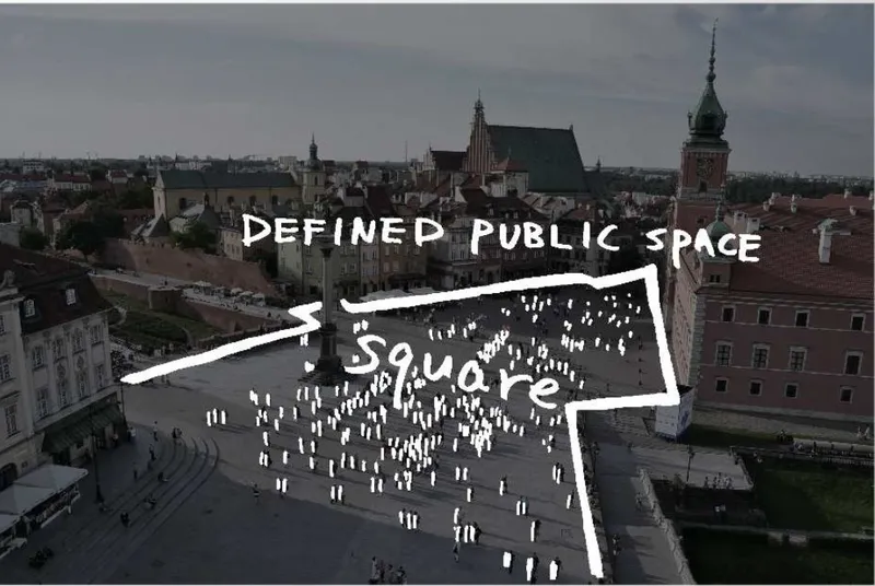 Diagram showing the footprint of a square overlaid on an aerial photograph with people gathering below