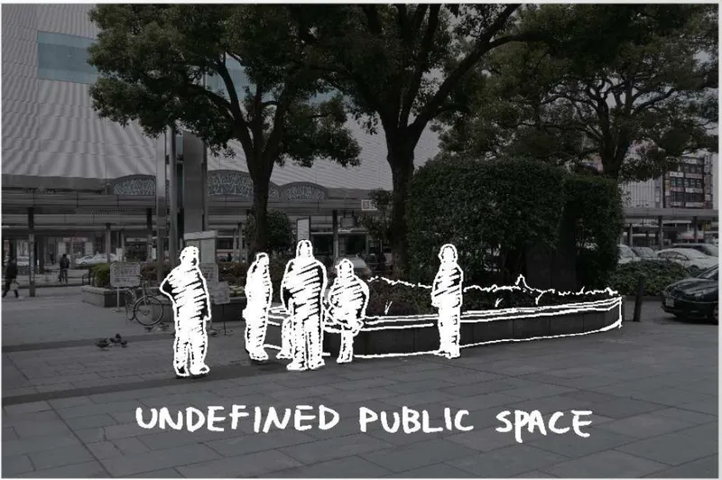 Diagram of people outlined around a circular planter with trees in a paved public plaza