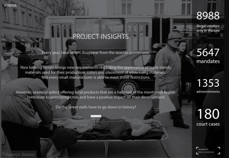 Infographic showing street vendors with statistical data overlaid on a black-and-white urban scene with tram and pedestrians