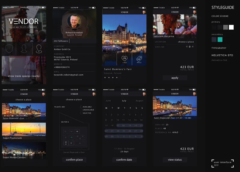 Mobile app interface screens displaying vendor profiles, location booking calendar, and waterfront marketplace photograph