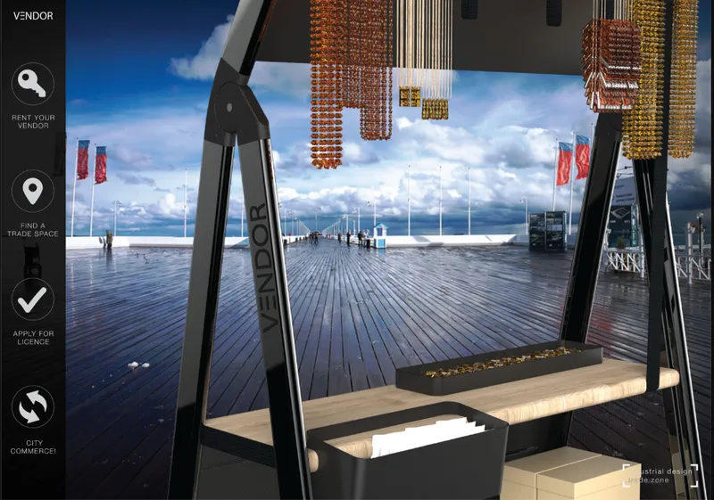 View through black steel vendor stall frame toward timber boardwalk with hanging amber bead curtains and clouded sky