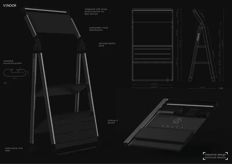 Technical drawing showing orthographic views and assembly details of modular vendor stall with folding frame and LED strip