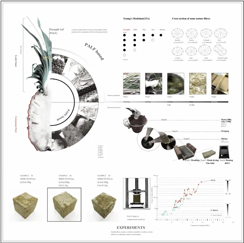Material research diagram showing pineapple leaf fiber properties, cross sections, and experimental compression tests