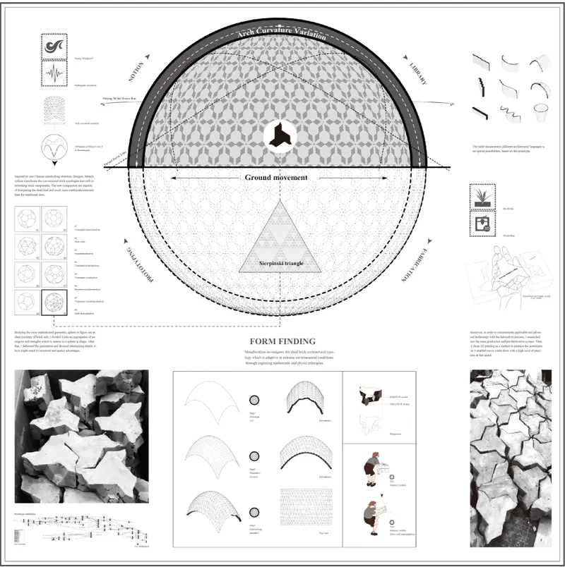 Form-finding diagram featuring a sectional dome with triangular geometry and curvature variation studies