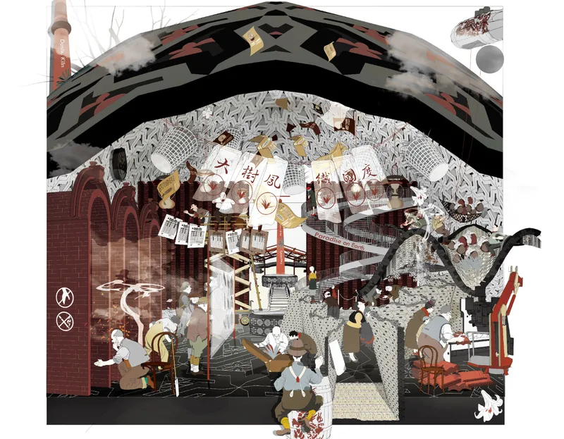 Sectional collage depicting a layered interior scene beneath a patterned arched canopy with figures engaged in daily activities