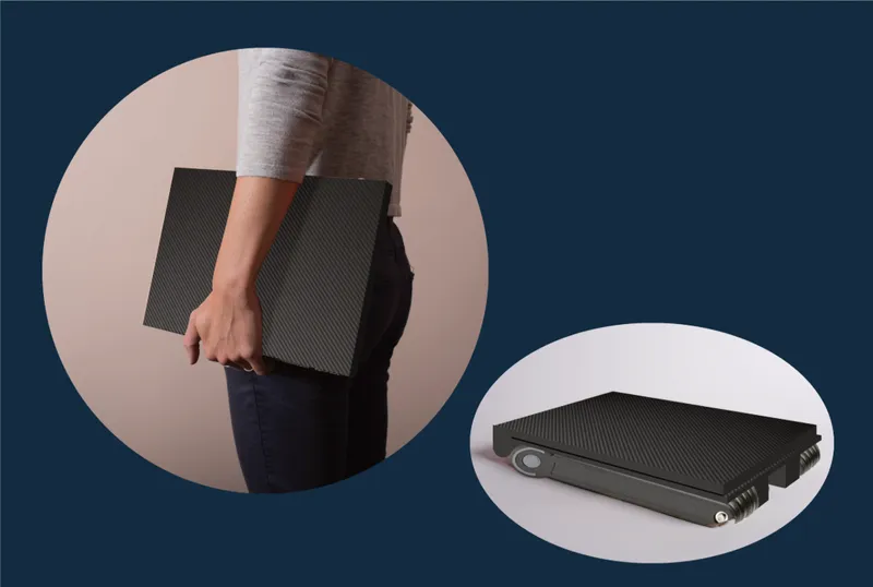 Carbon fiber folding seat shown in hand-held and extended positions against circular vignettes