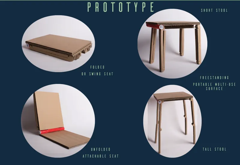 Prototype diagram showing folding seat in four configurations with wooden frame and fabric surface