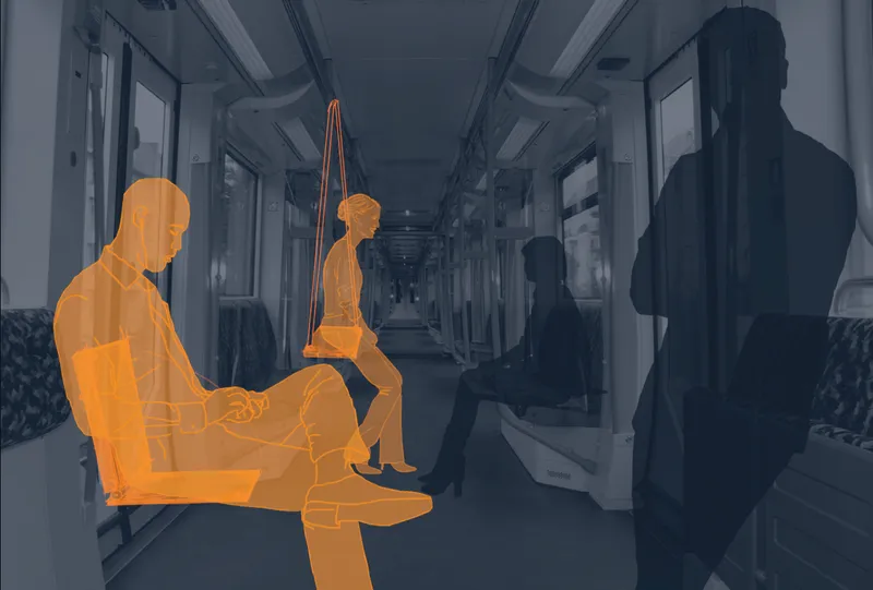 Interior transit corridor with orange overlay figures using suspended and folding seating elements