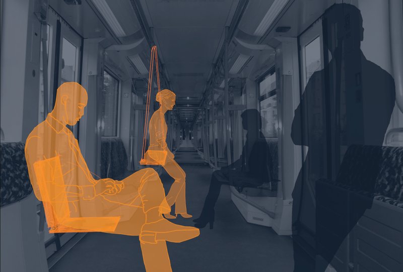 Interior transit corridor with orange overlay figures using suspended and folding seating elements
