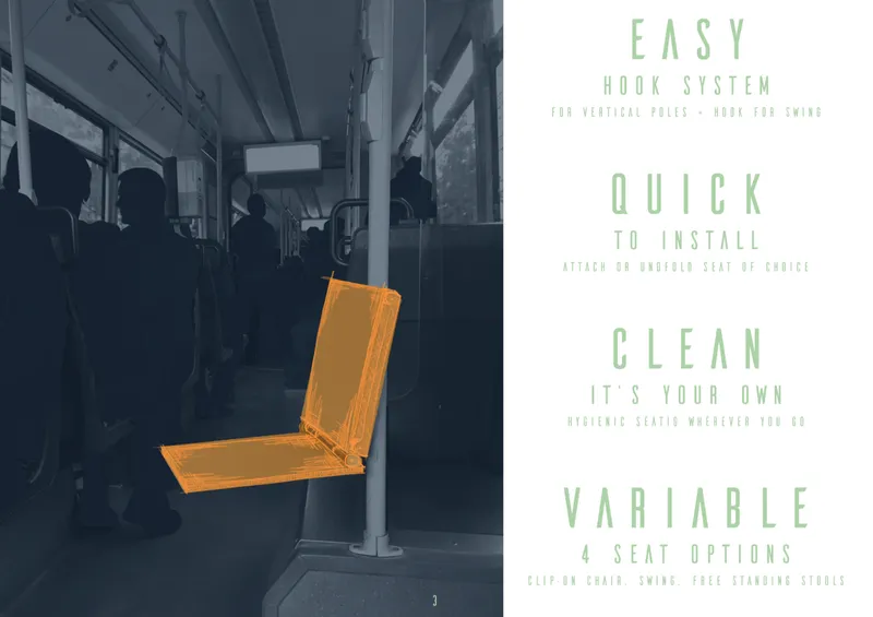 Folding seat prototype with orange overlay mounted on vertical pole in transit vehicle interior