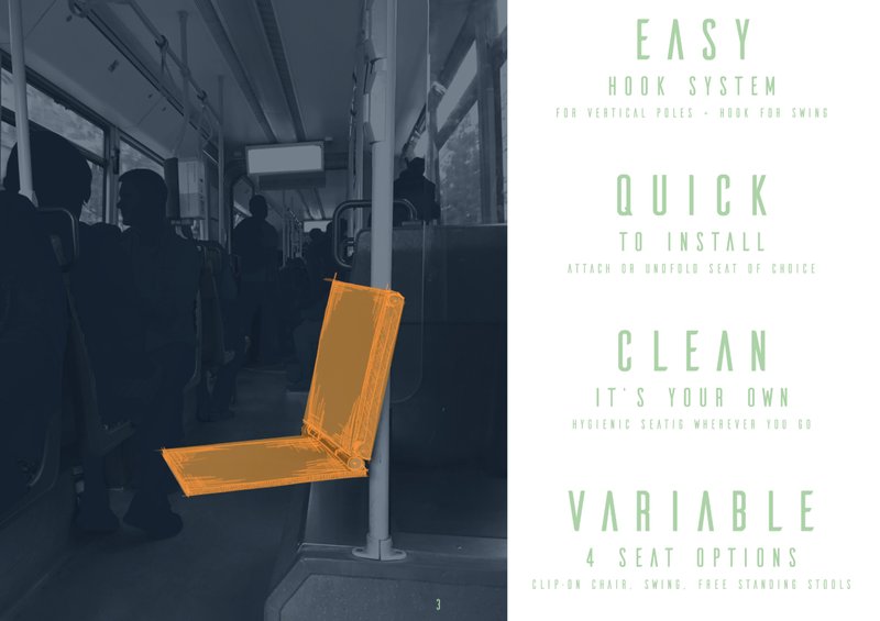 Folding seat prototype with orange overlay mounted on vertical pole in transit vehicle interior