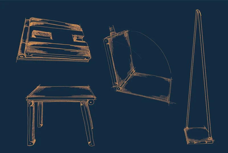 Technical line drawing showing folding seat in collapsed stool swing and table configurations
