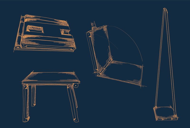 Technical line drawing showing folding seat in collapsed stool swing and table configurations