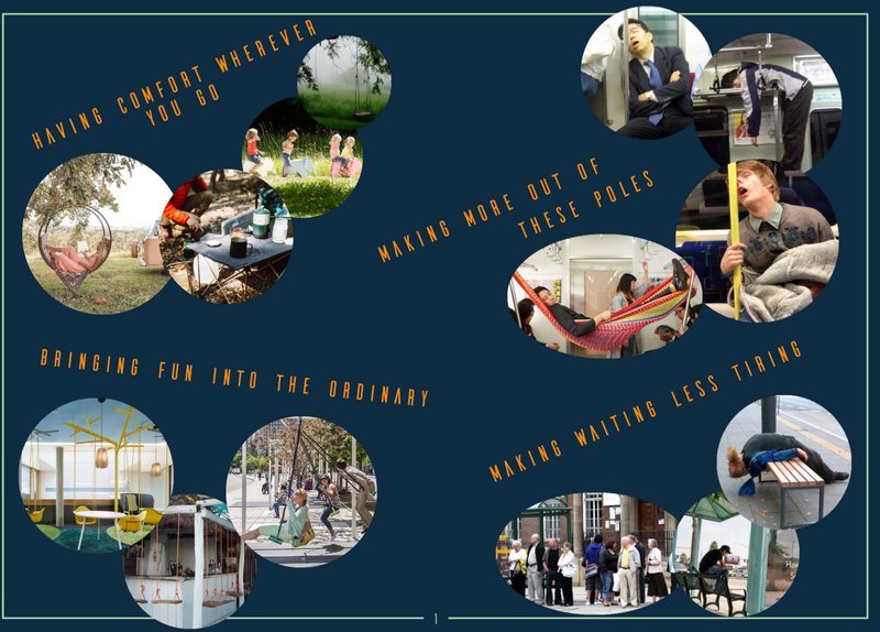 Collage of circular vignettes showing people using seating in parks transit and indoor spaces