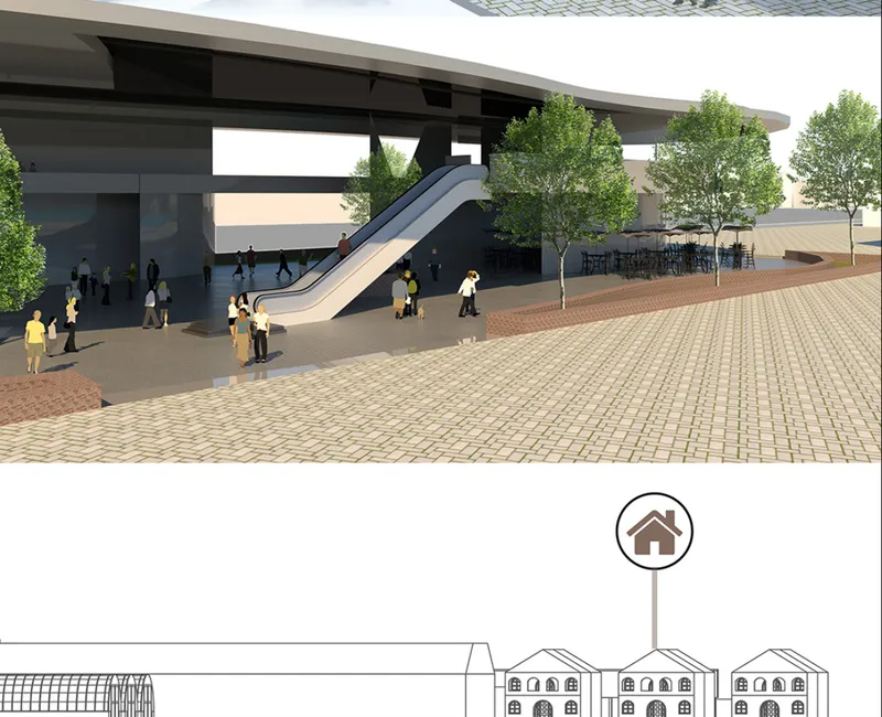 Outdoor escalator descending beneath a curved overhang with visitors gathered on paver terrace below elevation drawing