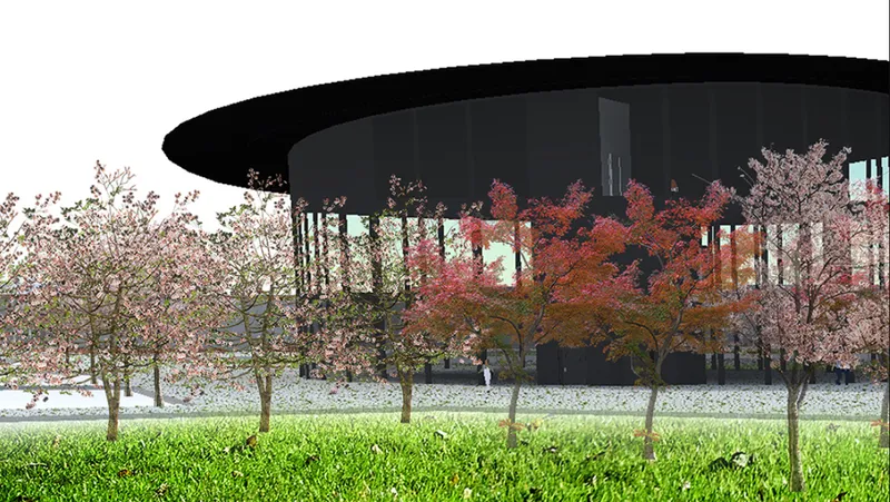 Circular dark roof cantilevering over glass walls with row of flowering trees and lawn in foreground