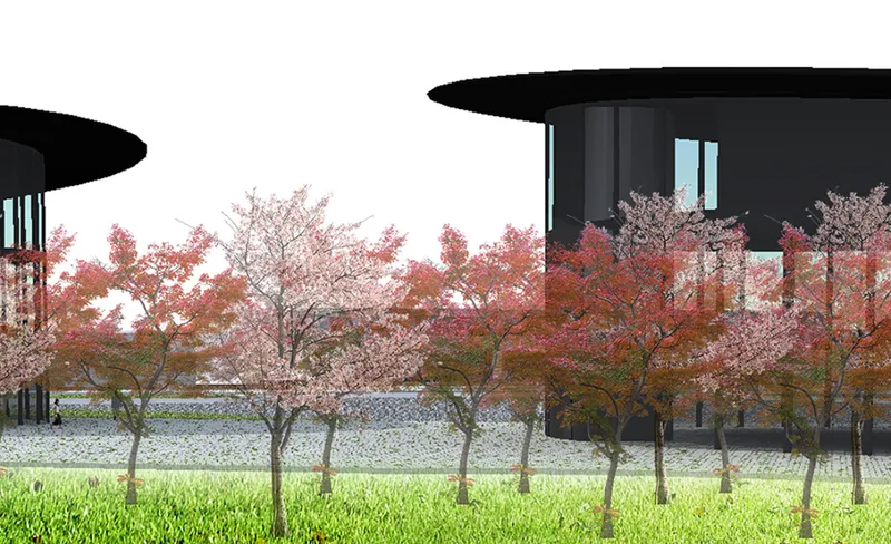 Two circular roof discs floating above slender columns amid rows of pink and red flowering trees