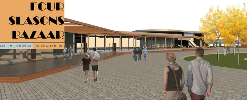 Rendering of a low-slung pavilion with glass walls and a sloping roof approached across paved plaza in autumn
