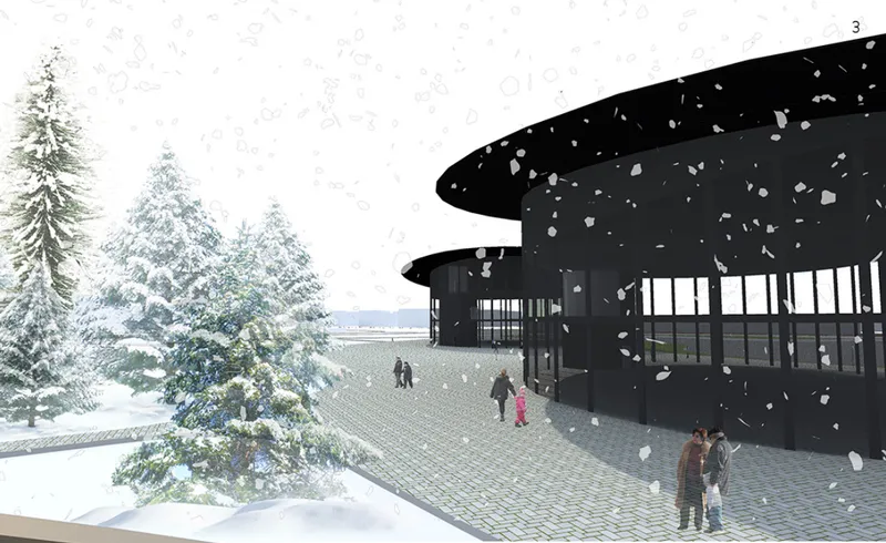 Black circular pavilion with glass curtain walls and columns beneath falling snow beside evergreen trees