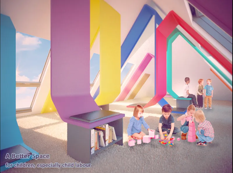 Interior view of sloped attic space with colorful bent frames and children playing on carpet in afternoon light