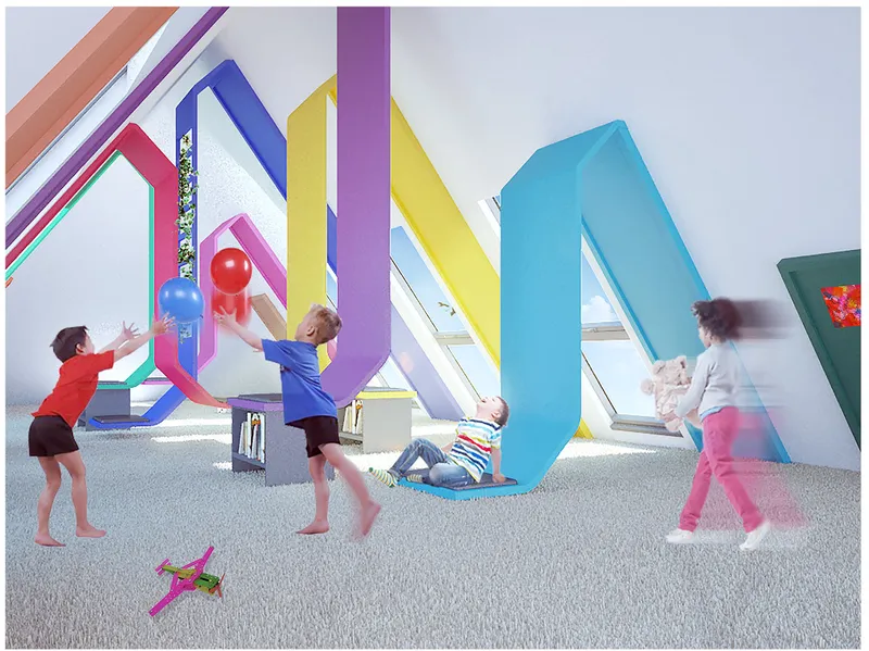 Attic playroom with bright painted structural frames and children playing with balloons near skylights
