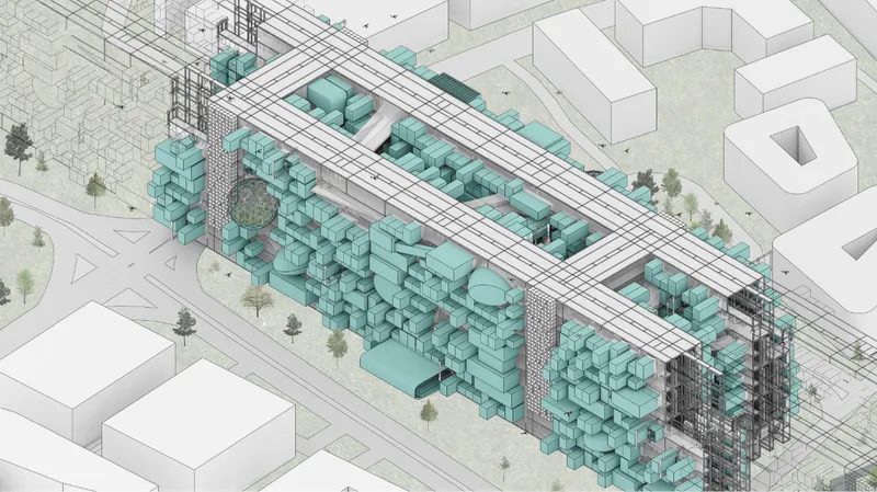 Axonometric drawing showing modular housing blocks in turquoise arranged along rail tracks with surrounding context buildings