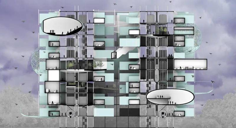 Section drawing revealing residential units with balconies, vertical circulation cores and oval-shaped communal terraces against cloudy sky