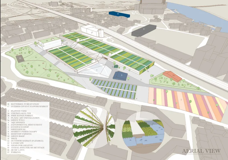 Axonometric site drawing showing green agricultural plots and colorful market pavilion among surrounding urban blocks