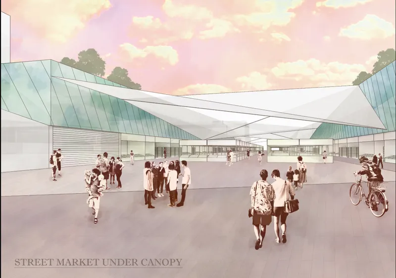 Rendered perspective of market plaza with fabric canopy stretched over gathering crowds at dusk