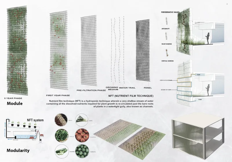 Technical diagrams of vertical farming modules showing nutrient film technique panels and hydroponic growing systems
