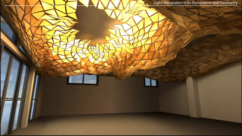 Interior view of faceted ceiling with backlit panels creating amber glow in empty room