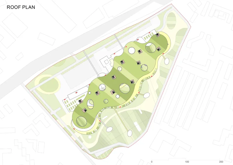 Roof plan drawing showing a curving complex with circular rooftop elements and green spaces