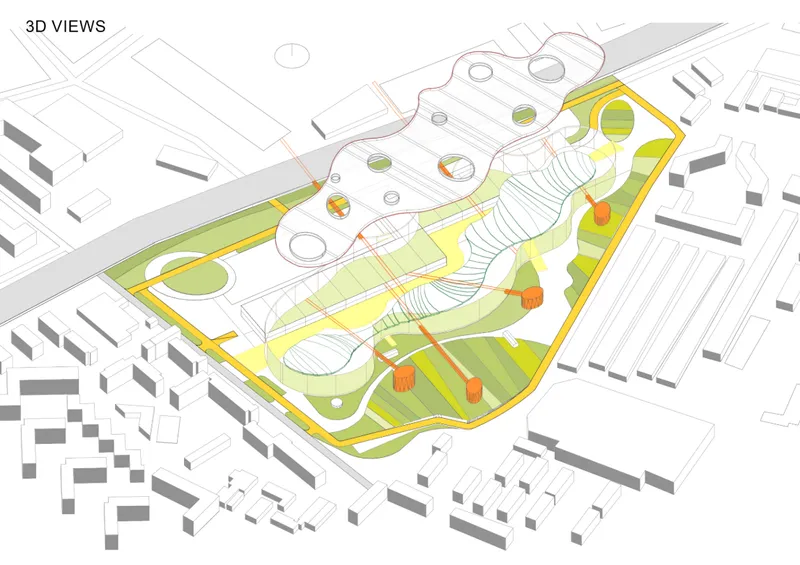 Axonometric drawing showing the development site with undulating roof forms within the surrounding urban context