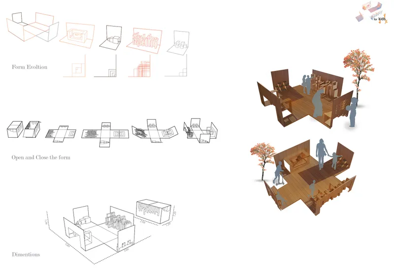 Axonometric drawings and renders of modular timber play structures with figures and autumn trees